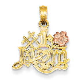 14K Gold Two-tone #1 Mom with Flower Pendant