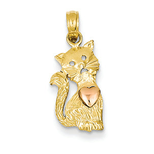 14K Gold Two-tone Cat with Heart Pendant
