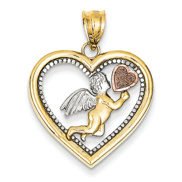14K Gold Yellow, Rose and Rhodium Angel Heart Pendant