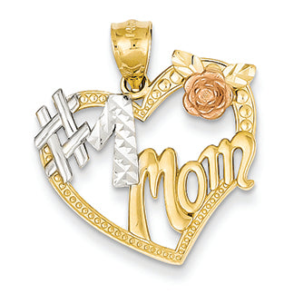 14K Gold Two-tone and Rhodium #1 Mom Heart Pendant