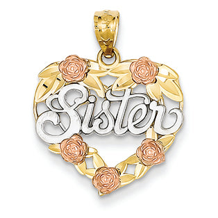14K Gold Two-tone and Rhodium "Sister" Heart Pendant