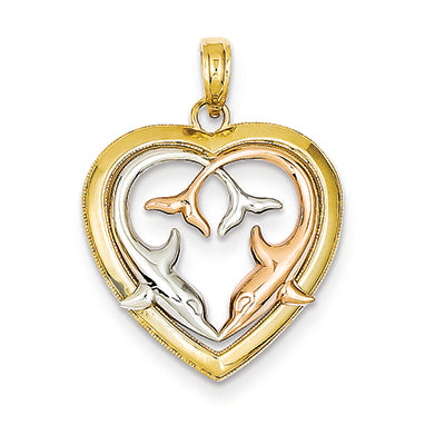 14K Gold Yellow & Rose Gold w/Rhodium Diamond-cut Dolphins in Heart Pendant