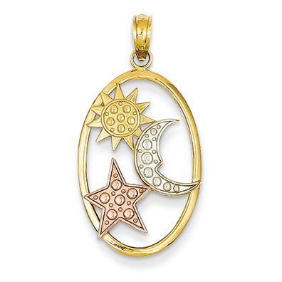 14K Gold Yellow & Rose Gold w/Rhodium Sun, Moon & Star Oval Pendant
