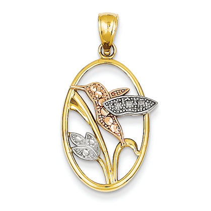 14K Gold Yellow & Rose Gold w/Rhodium Hummingbird Oval Pendant
