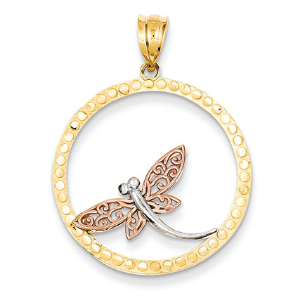 14K Gold Yellow, Rose and Rhodium Dragonfly Pendant