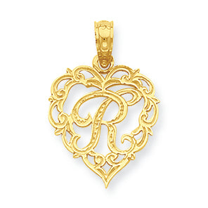 14K Gold R Script Initial in Heart Pendant