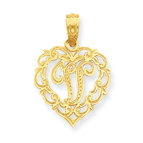 14K Gold V Script Initial in Heart Pendant
