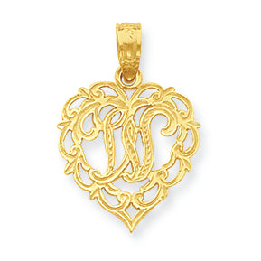 14K Gold W Script Initial in Heart Pendant
