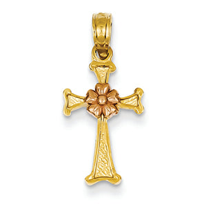 14K Gold Two-tone Flower Cross Pendant