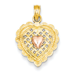 14K Gold Two-tone Pink Heart on Basket Weave Heart Pendant