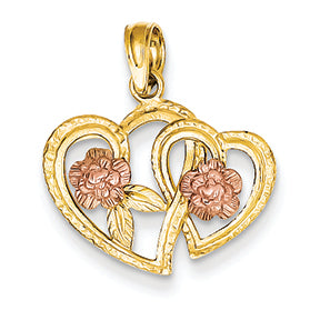 14K Gold Two-tone Double Hearts with Flowers Pendant