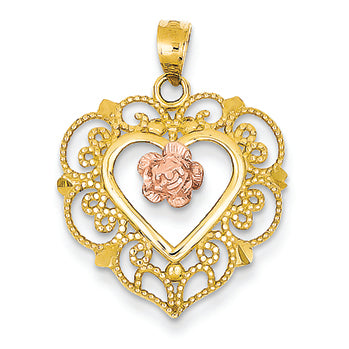 14K Gold Two-tone Lace Trim and Pink Rose Center Heart Pendant