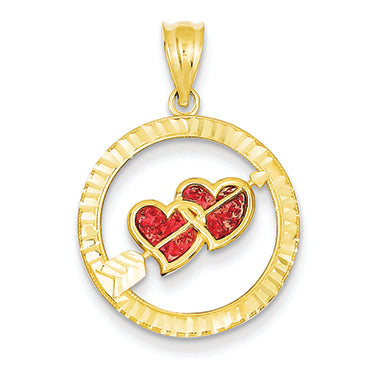 14K Gold Red Acrylic Hearts w/ Bow Pendant