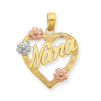 14K Gold Tri-color Nana in Heart with Flowers Pendant