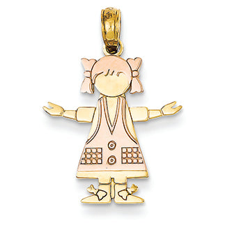14K Gold Two-tone Girl with Pink Dress and Hair Pendant