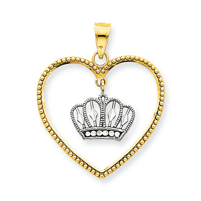 14K Gold Two-Tone Diamond-cut Heart w/ Crown Pendant