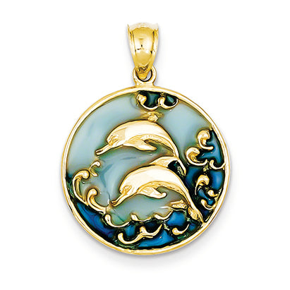14K Gold Blue Translucent Acrylic Dolphins Pendant