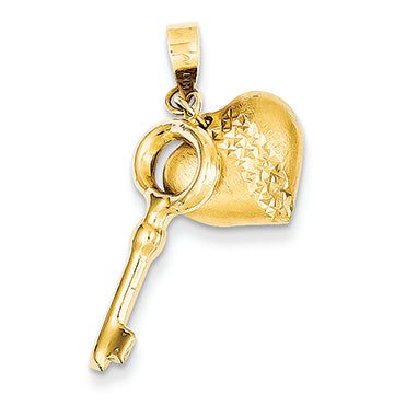 14K Gold Satin and Diamond Cut Puff Heart & Circle Key Pendant