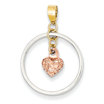 14K White Gold Circle w/Rose Diamond Cut Gold Puff Heart Pendant