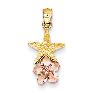 14K Gold Yellow & Rose Gold Starfish w/ Plumeria Pendant