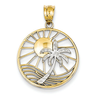 14K Gold Two tone Sun & Palm Tree Pendant