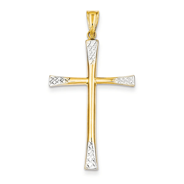 14K Gold & Rhodium Diamond Cut Hollow Cross Pendant