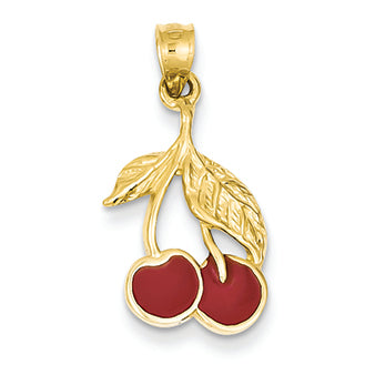 14K Gold Polished Red Enameled Cherries Pendant