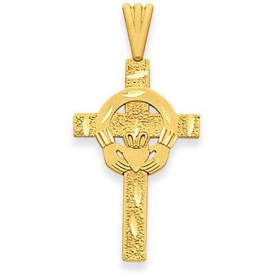 14K Gold Satin & Diamond-cut Claddagh Cross Pendant