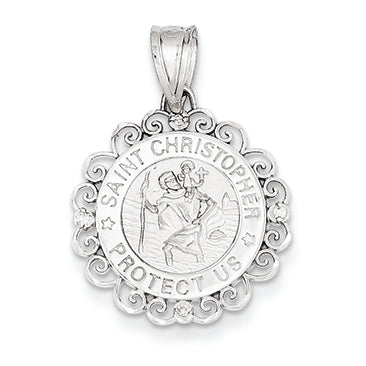 14K White Gold Diamond Saint Christopher Medal Pendant