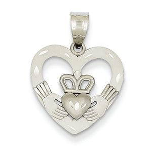 14K White Gold Satin & Diamond Cut Claddagh Pendant