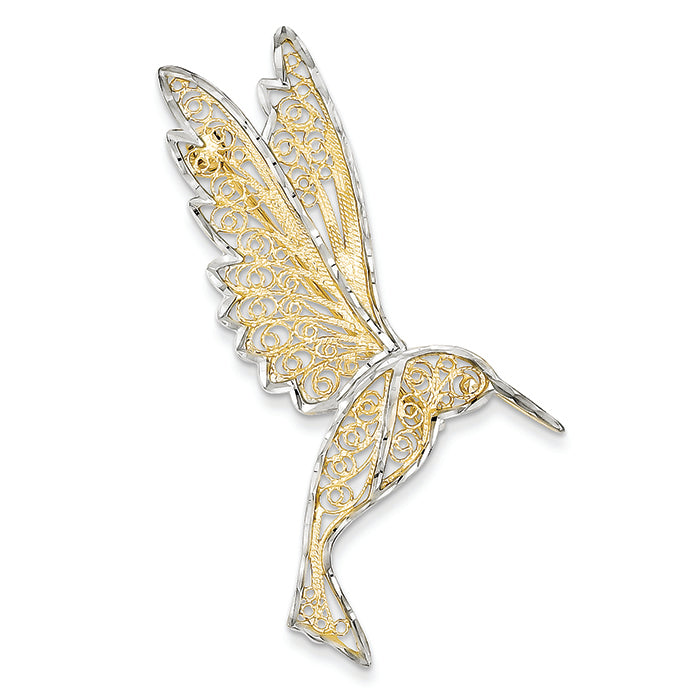 14K Gold & Rhodium Diamond Cut Filigree Hummingbird Pin