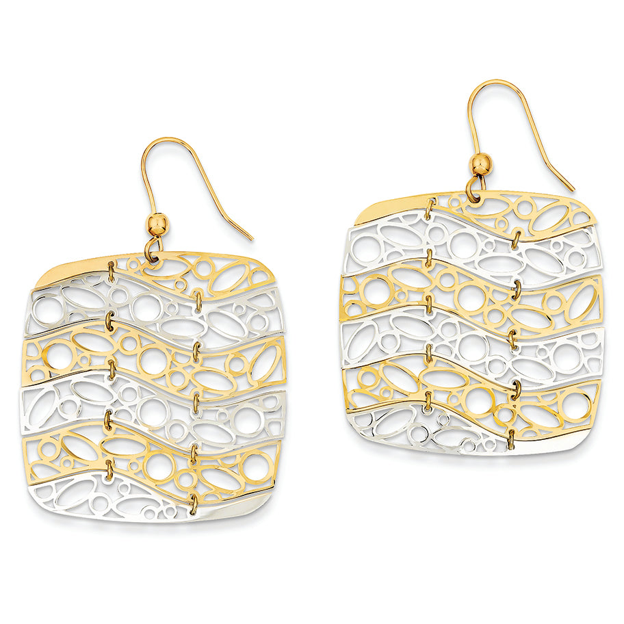 14K Gold Two-tone Fancy Square Shepard Hook Earrings