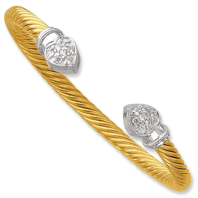 Sterling Silver Gold-Plated CZ Hearts Bangle