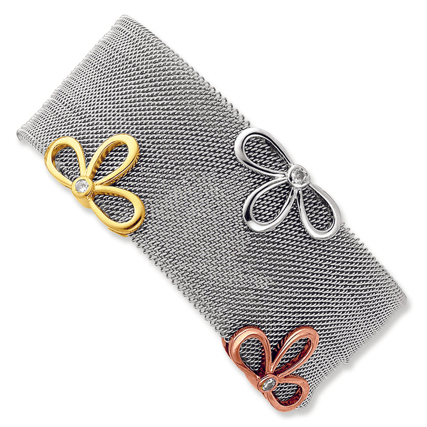 Stainless Steel & Sterling Silver Tri-Color Vermeil CZ Bracelet