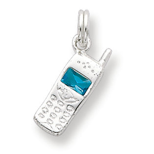 Sterling Silver Blue CZ Polished Phone Charm