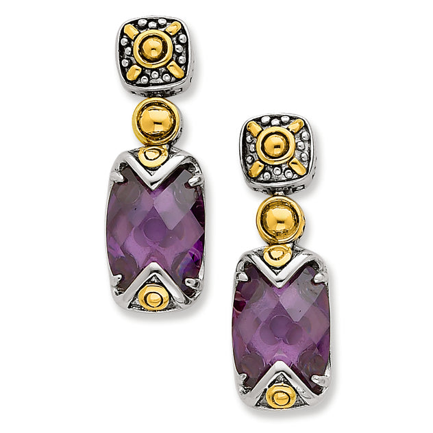 Sterling Silver Gold-plate Antiqued Purple CZ Dangle Post Earrings