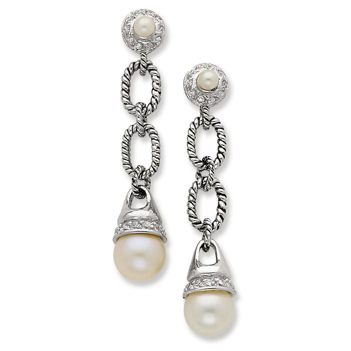 Sterling Silver Antiqued Pearl & CZ Dangle Post Earrings