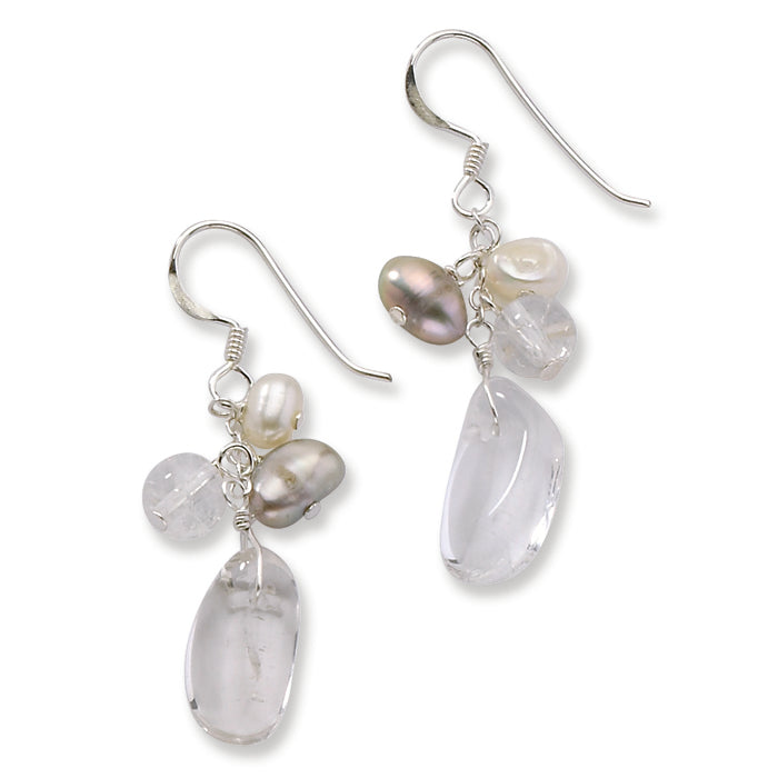 Sterling Silver Crackle & Rock Quartz-Freshwater Cultured Pearl Earrings