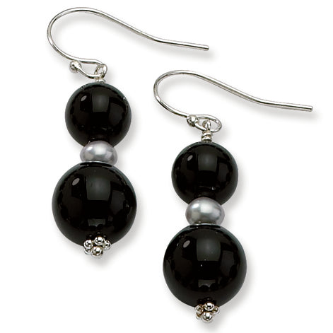 Sterling Silver 8 & 10.5mm Black Agate-FW Cultured Silver Pearl Earrings