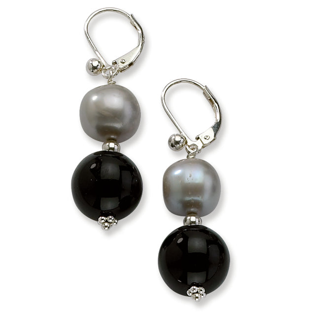 Ster Slvr 12mm Black Agate-10mm FW Cultured Silver Pearl Earrings