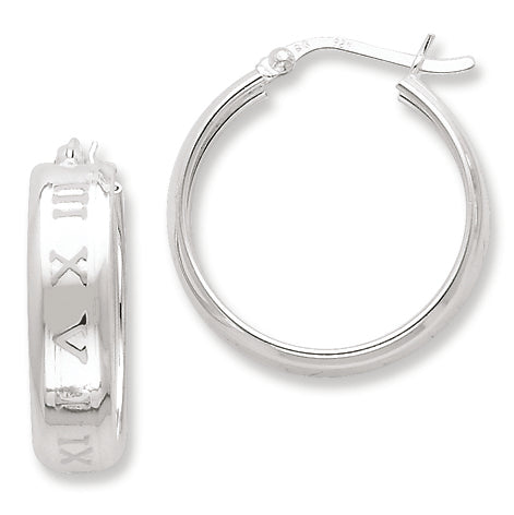 Sterling Silver 25mm Roman Numeral Design Hoop Earrings
