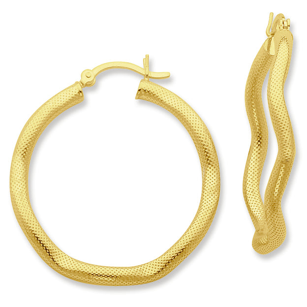 Sterling Silver Gold-flashed Patterned Dented 35mm Hoop Earrings