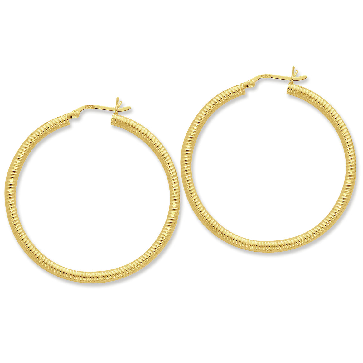 Sterling Silver Gold-flashed Ribbed 45mm Hoop Earrings