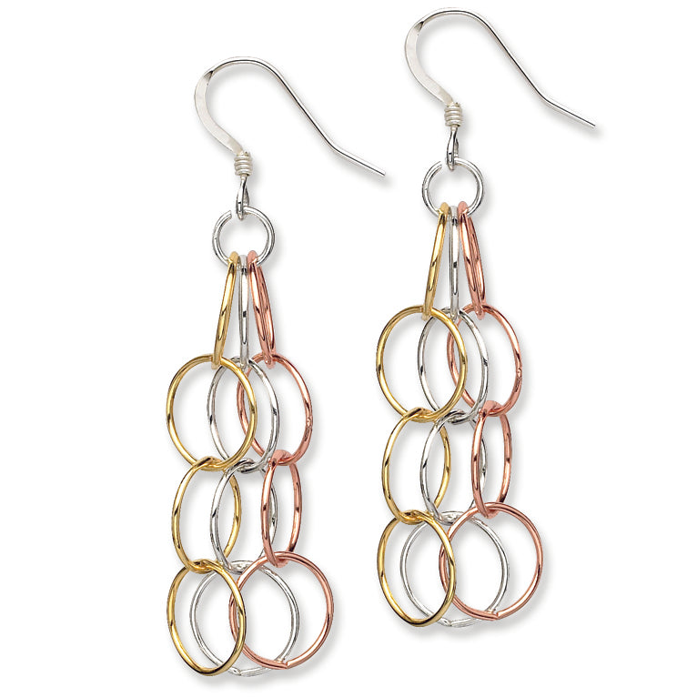 Sterling Silver Tri-colored Vermeil Polished Dangle Earrings