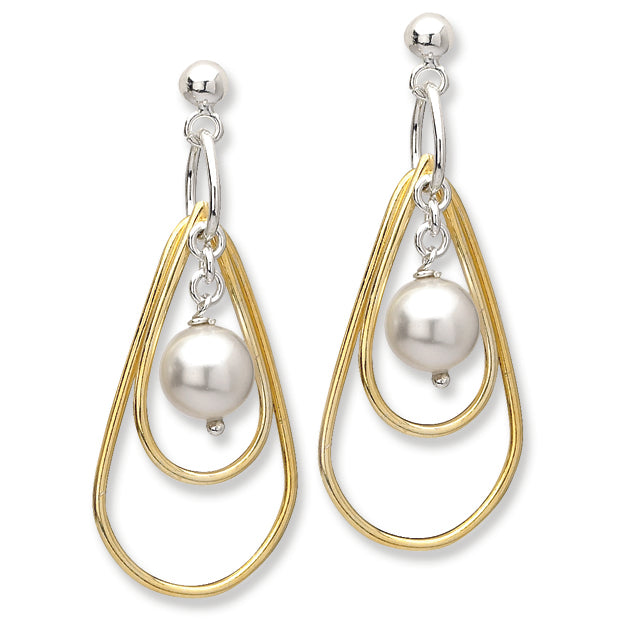 Sterling Silver Vermeil Simulated Pearl Dangle Post Earrings