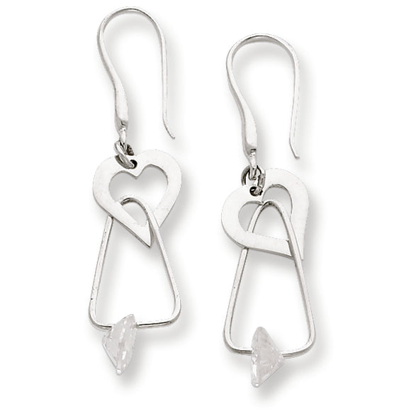 Sterling Silver & CZ Polished Heart Dangle Earrings