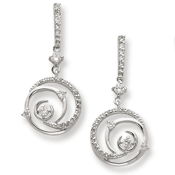 Sterling Silver Fancy Swirl w- CZ Circle Post Dangle Earrings
