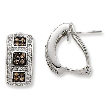 Sterling Silver Chocolate & White CZ Omega Back Earrings