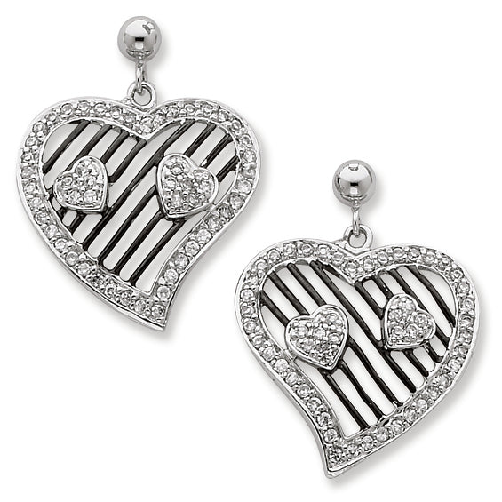 Sterling Silver CZ Hearts w- Black Rhodium Plating Post Dangle Earrings