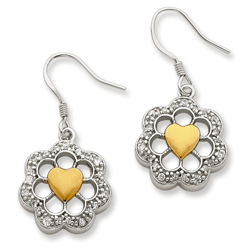 Sterling Silver & Vermeil Round Floral Heart CZ Earrings